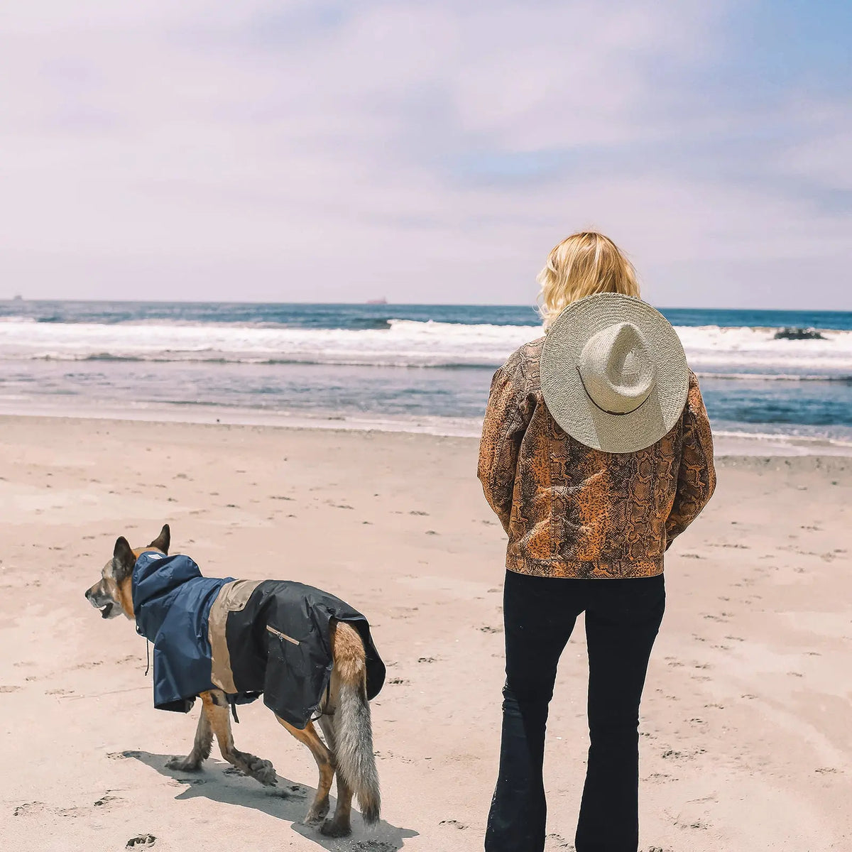 Un perro con el Baja Coastline Dog Raincoat azul y tostado junto a una persona en la playa.