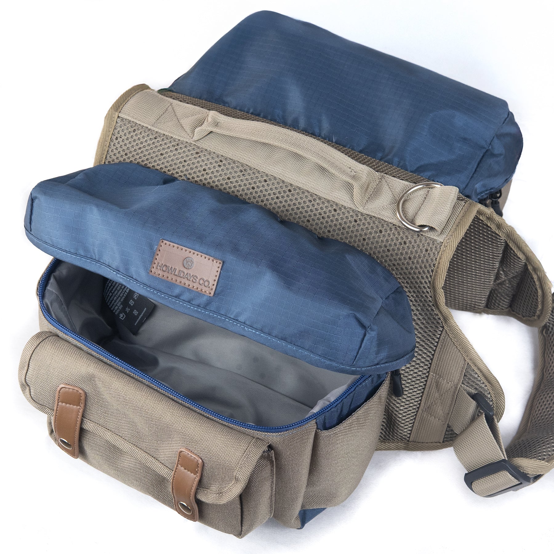 Open storage compartment on Cactus Creek dog backpack for gear and treats
