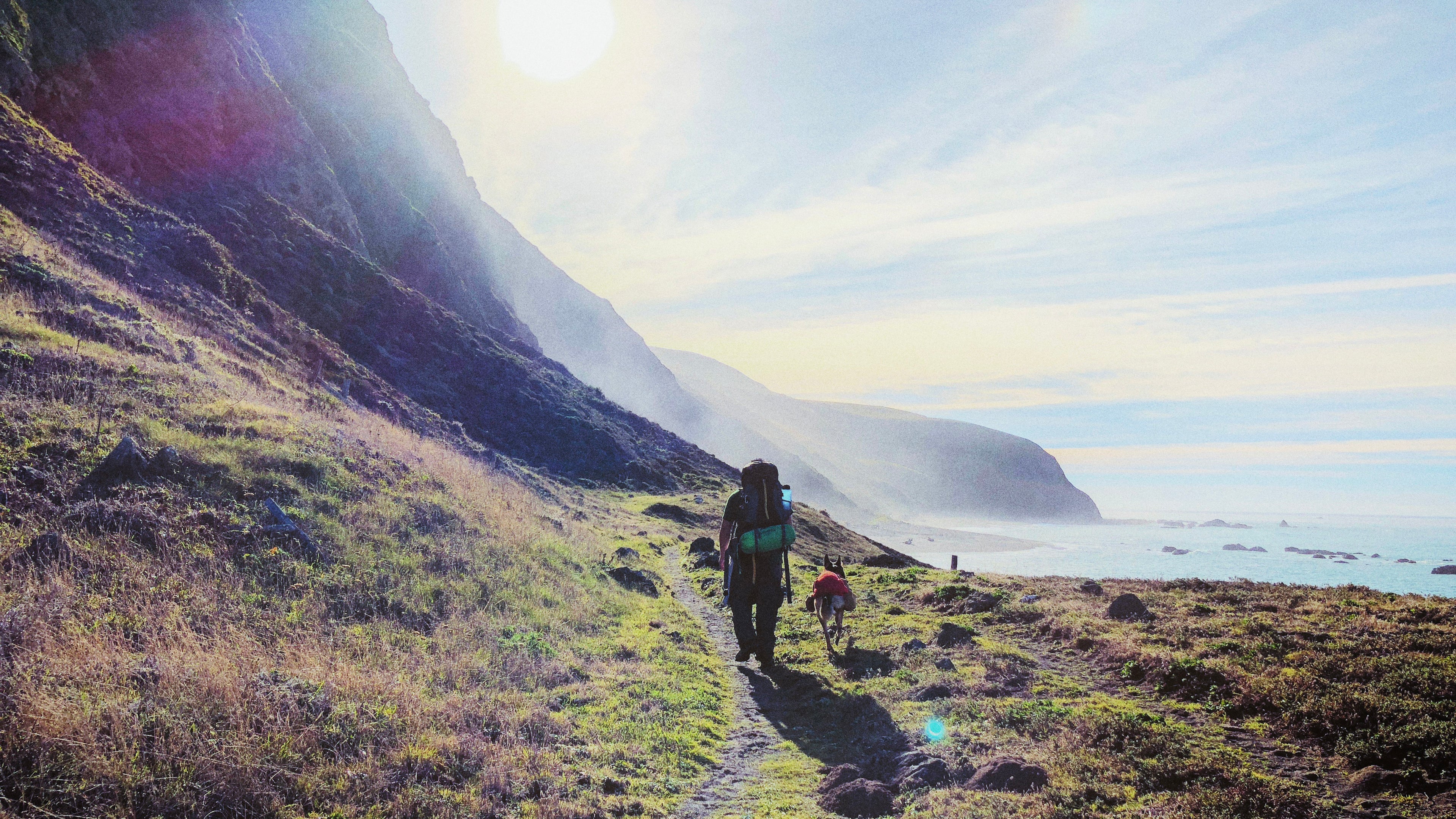Man hiking with dog along the Lost Coast Trail in California, showcasing rugged cliffs, coastal vegetation, and scenic outdoor adventure.