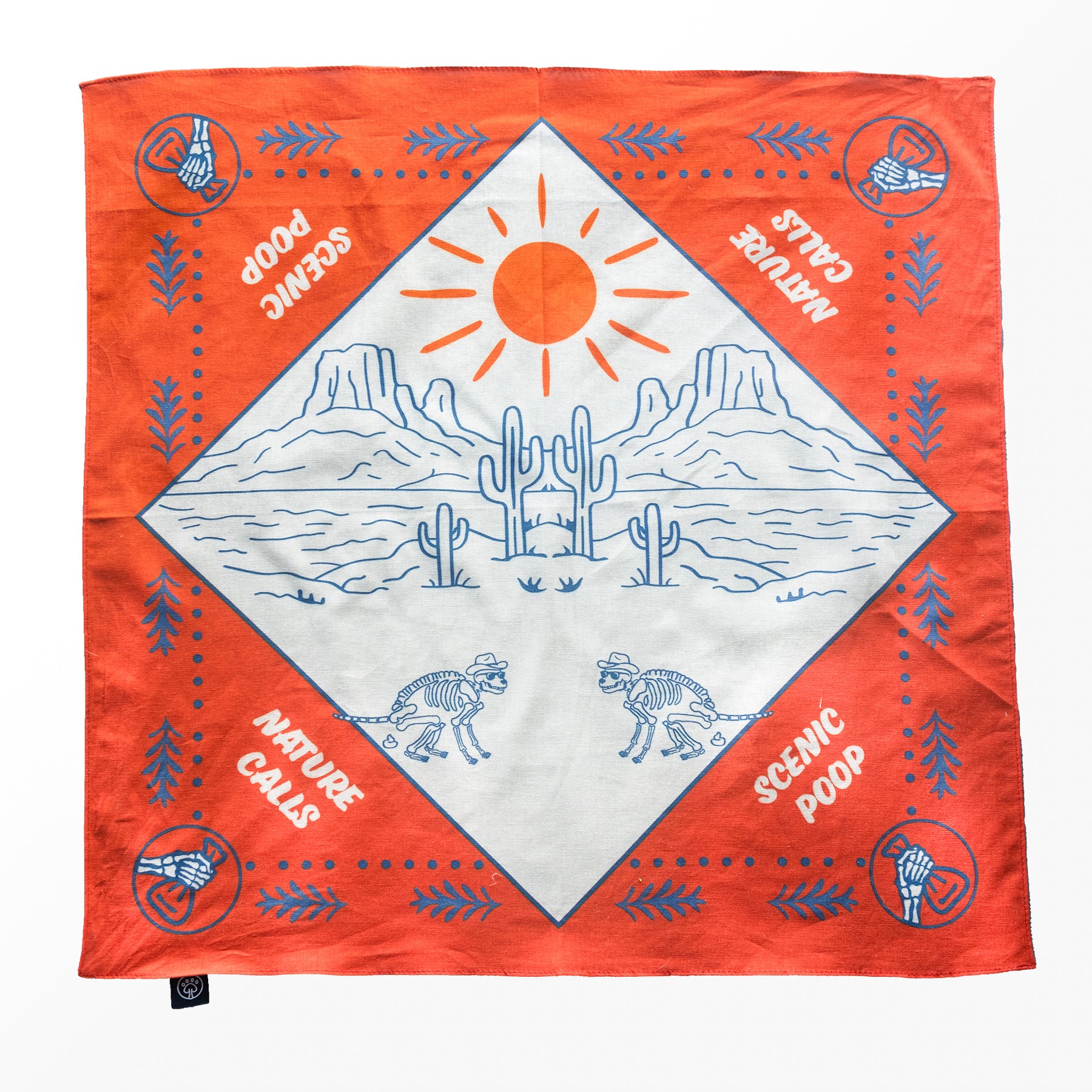 Scenic Poop dog bandana featuring a playful desert landscape–inspired pattern.