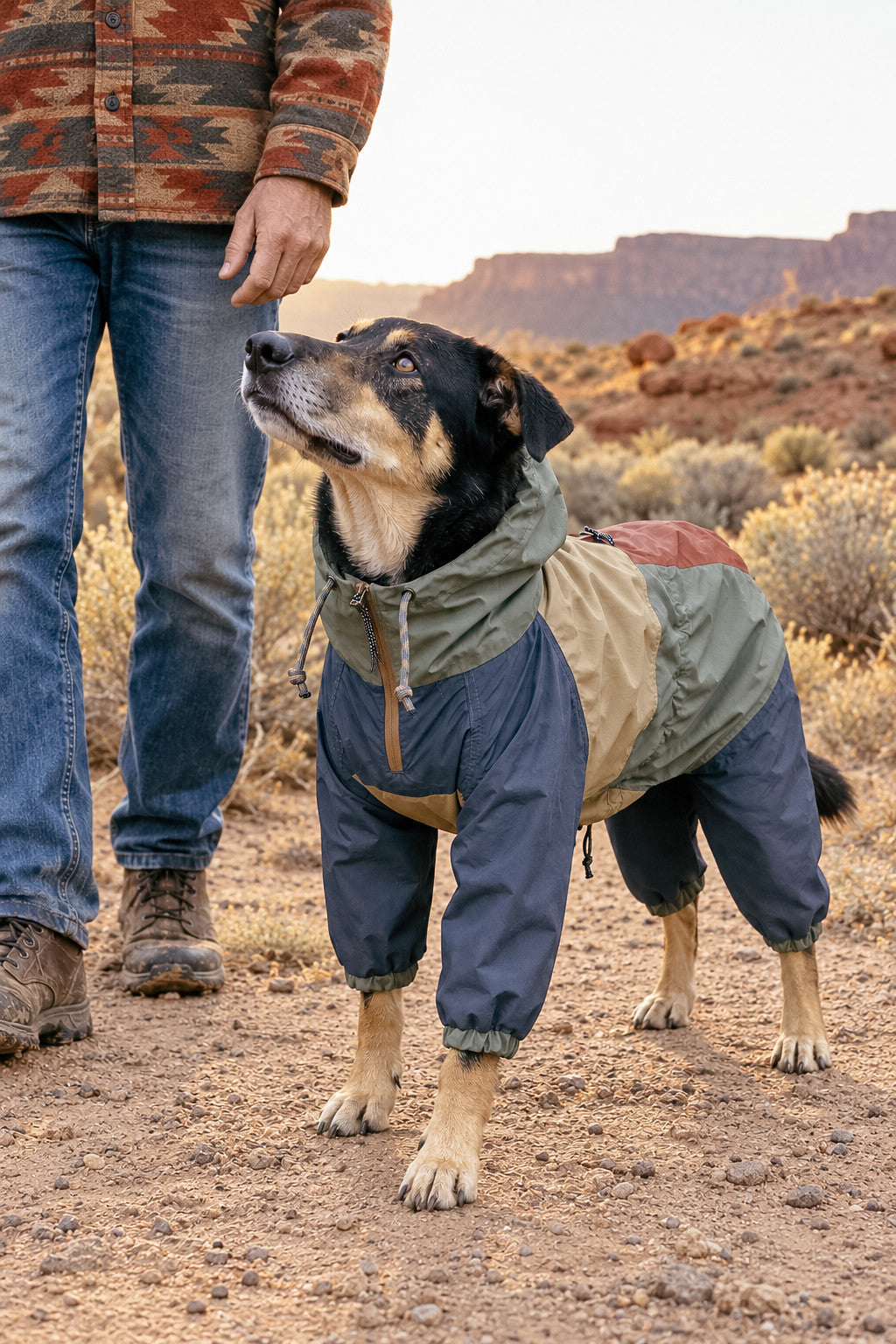 Dog wearing a color-blocked rain suit on a desert trail beside a person