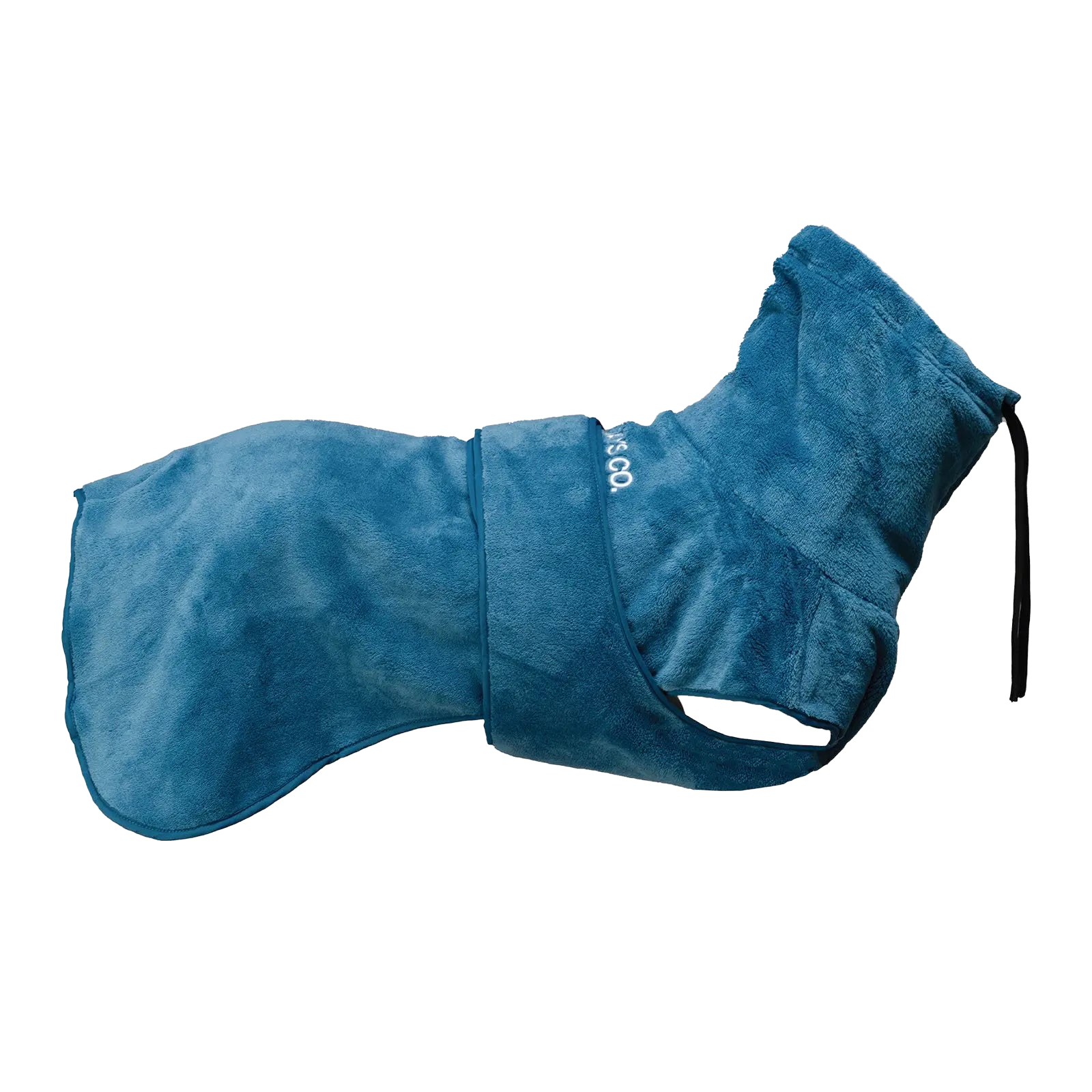 Vista lateral de una chaqueta de invierno azul y aislante para perros, diseñada para aventuras en climas fríos, con interior polar suave y transpirable.
